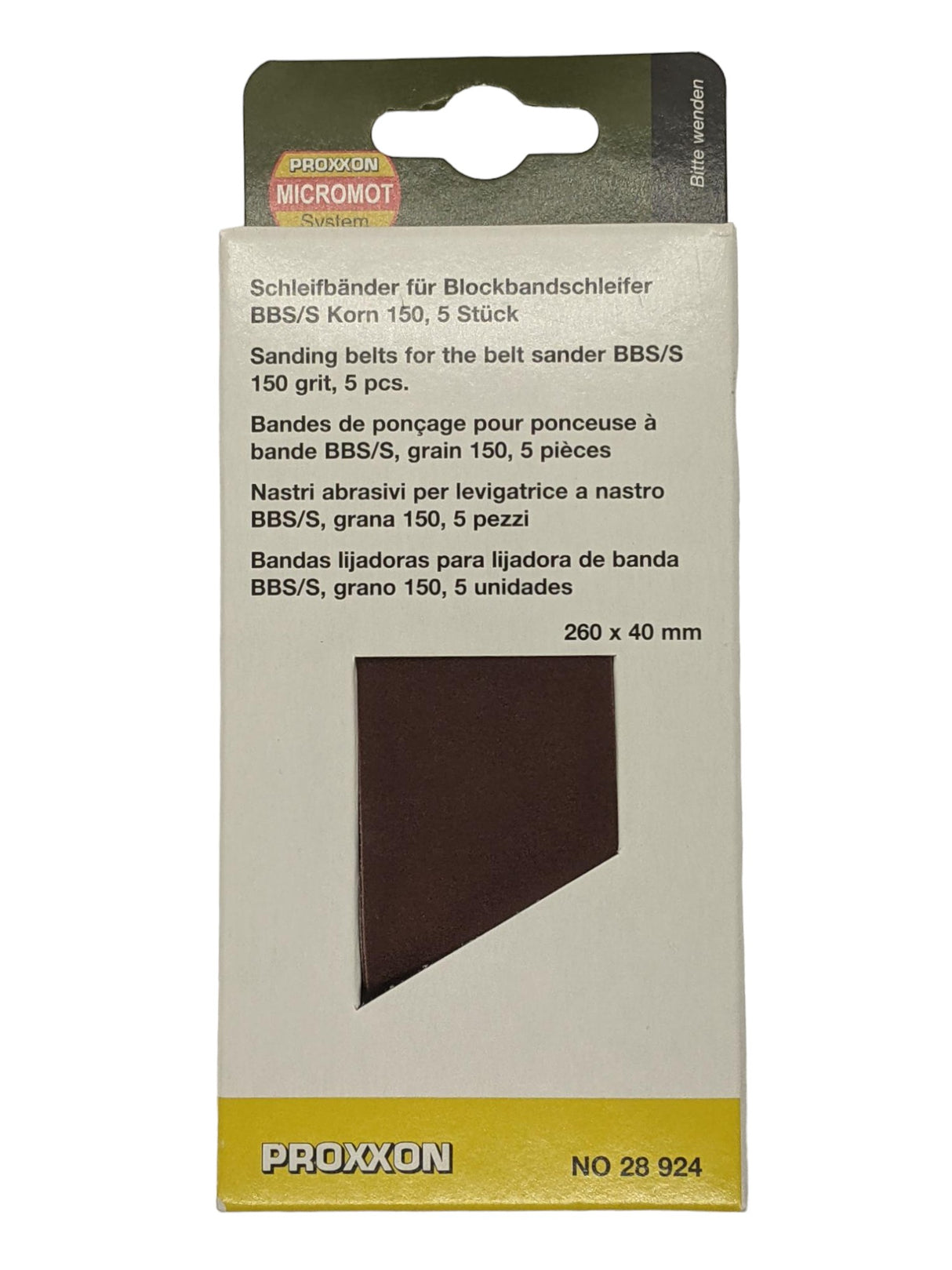 PROXXON Pack of 5 Corundum Sanding Belts for BBS/S Palm Belt Sander, detailed view of abrasive belts in various grits