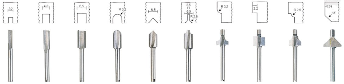 PROXXON 10-piece HSS wood router cutter set for Micro Shaper, with 1/8" shanks in various profiles for precise woodworking