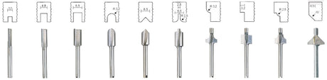 PROXXON 10-piece HSS wood router cutter set for Micro Shaper, with 1/8" shanks in various profiles for precise woodworking