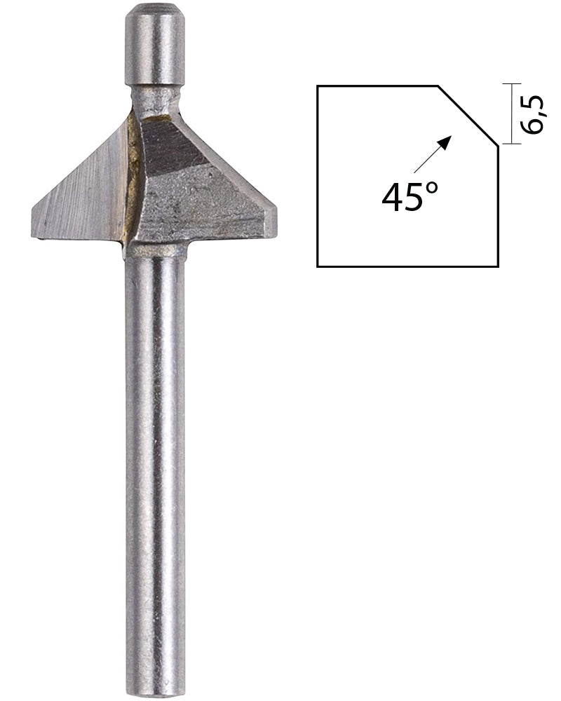 PROXXON 45-degree chamfer router bit for Micro Shaper, ideal for wood and fibreboard, with clean relief grinding