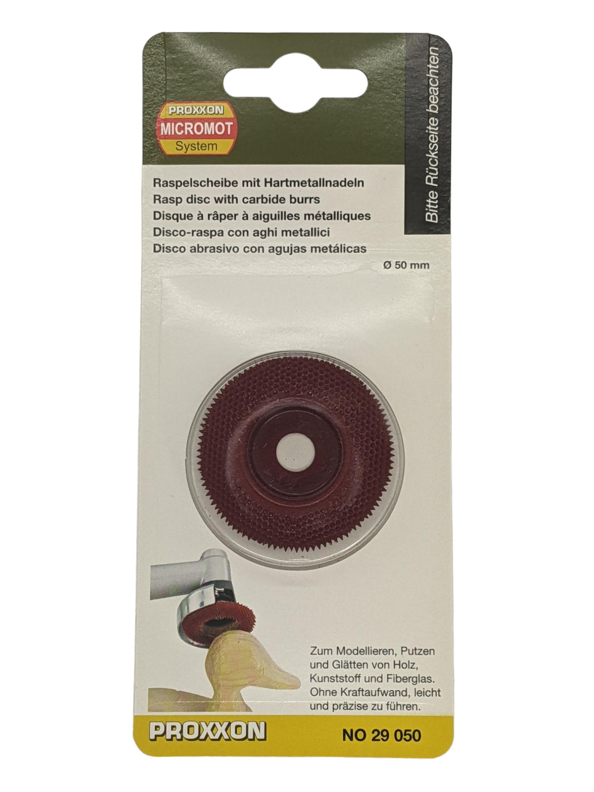 PROXXON tungsten carbide rasp disc for long neck angle grinder on white background