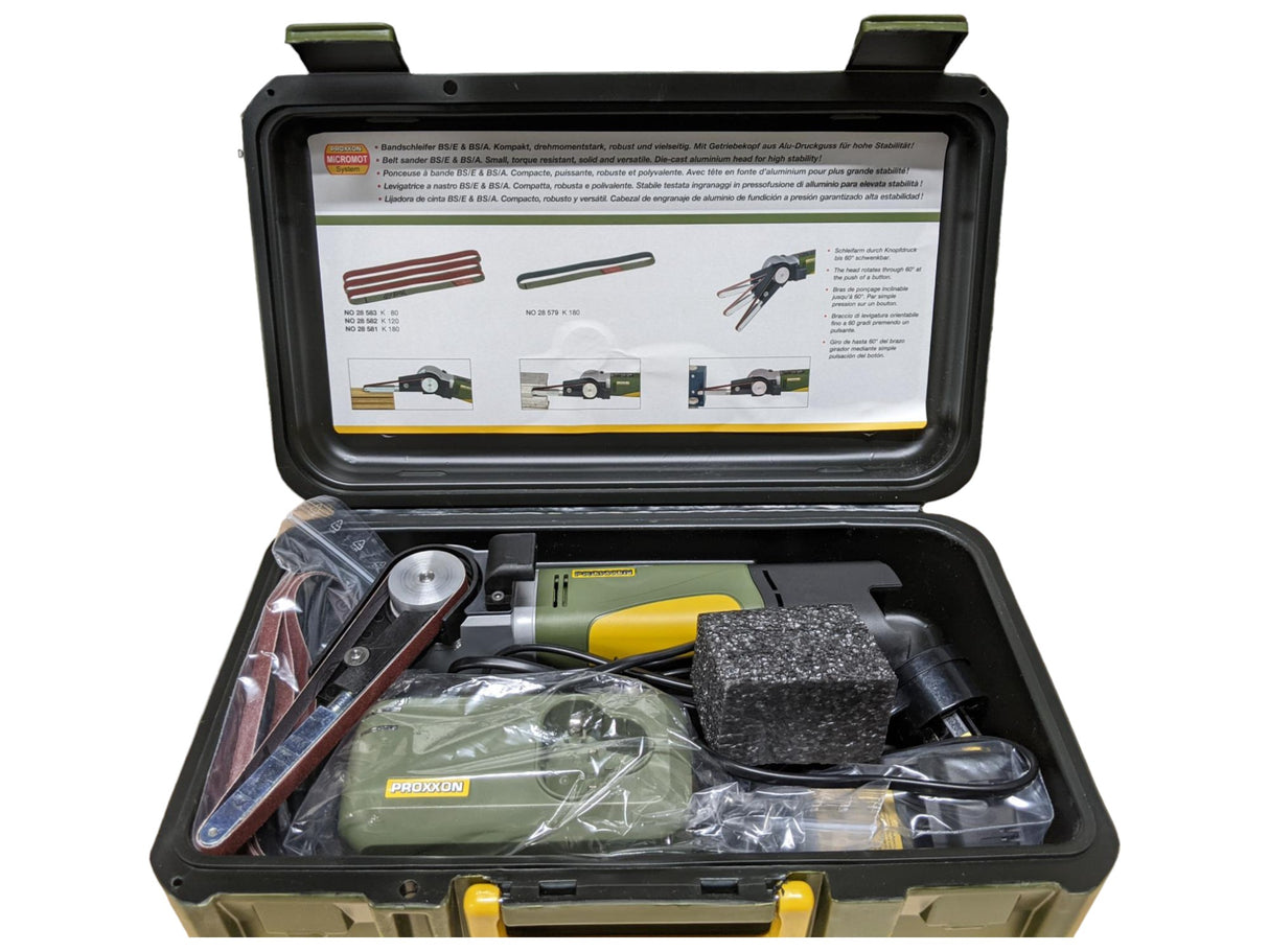 PROXXON MICROMOT BS/A Power File Belt Sander Kit in action, showing precise grinding and finishing capabilities