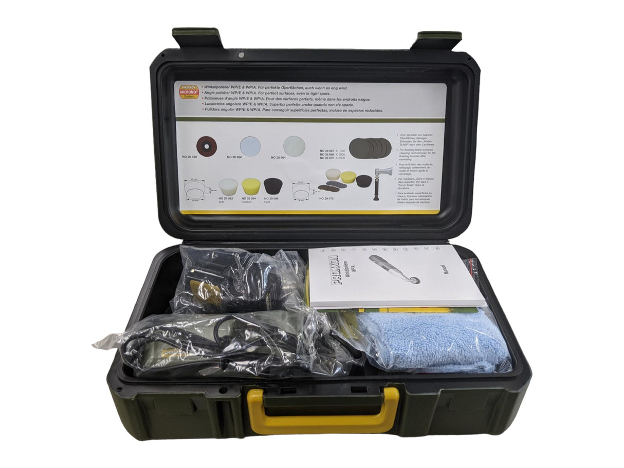 Battery powered angle polisher for precise detailing and finishing, glass fibre reinforced polyamide construction