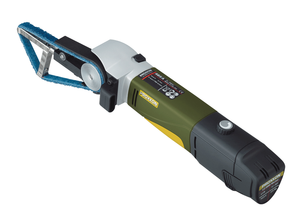 PROXXON MICROMOT RBS/A Tube Belt Sander Kit in use on curved wood piece