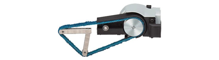 PROXXON MICROMOT RBS/A Tube Belt Sander Kit in use on curved wooden surface