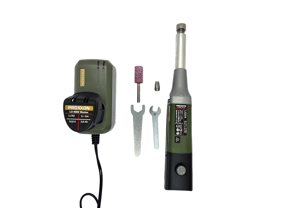 PROXXON MICROMOT LGS/A Long Neck Die Grinder Kit in use on intricate woodworking project