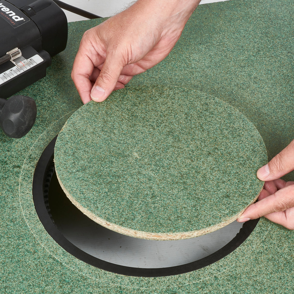 Trend Routabout Floor Access Router Jig cutting precise opening in chipboard floor