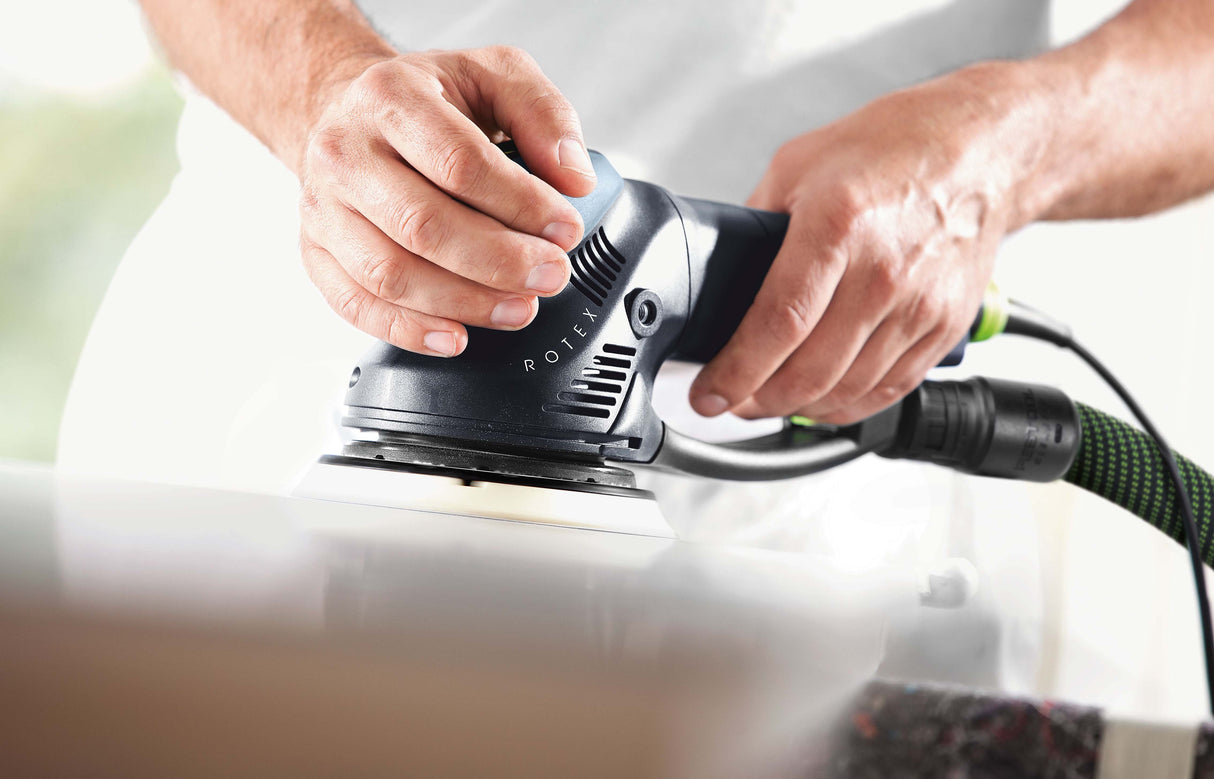 Festool RO 150mm ROTEX sander in Systainer, detailed shot of application on wood surface