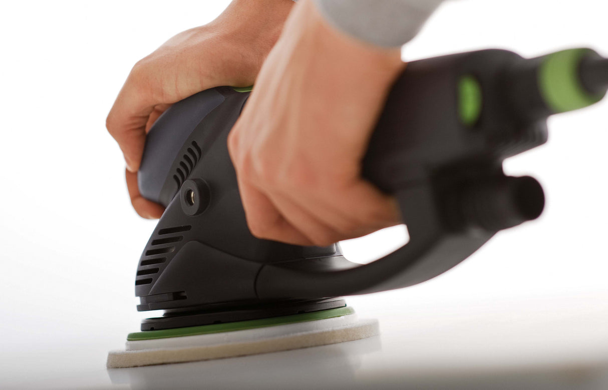 Festool RO 150mm ROTEX 3-in-1 sander in Systainer, showing application on wood surface