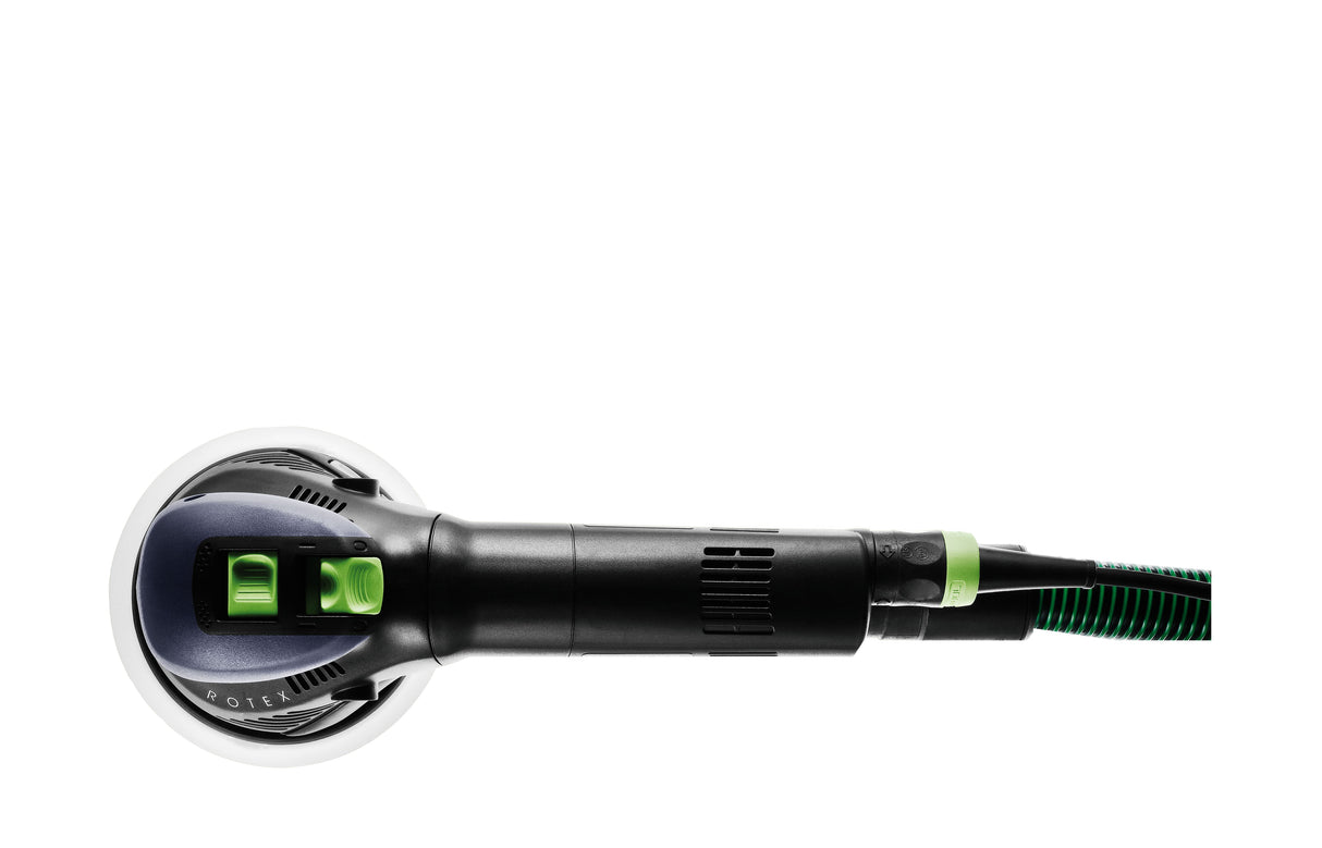 Festool RO 150mm ROTEX 3-in-1 sander in Systainer, angled view showing ergonomic grip and sanding pad