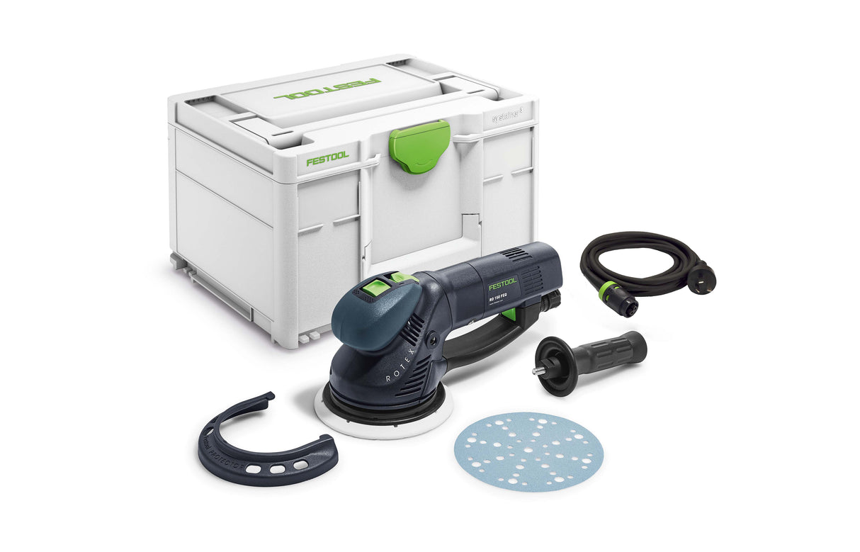 Festool RO 150mm ROTEX 3-in-1 Random Orbital Sander in Systainer, versatile sanding tool in action