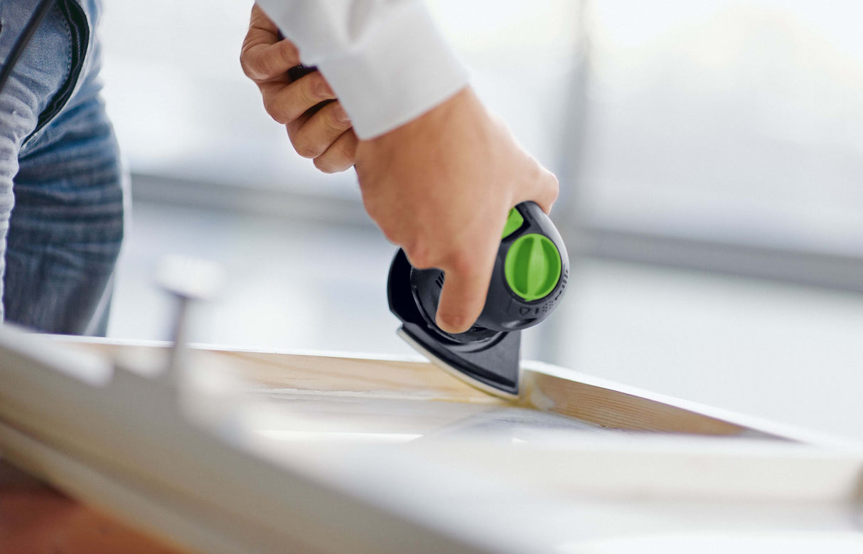 Festool RO 90mm ROTEX 4-in-1 sander applying finish on wooden surface