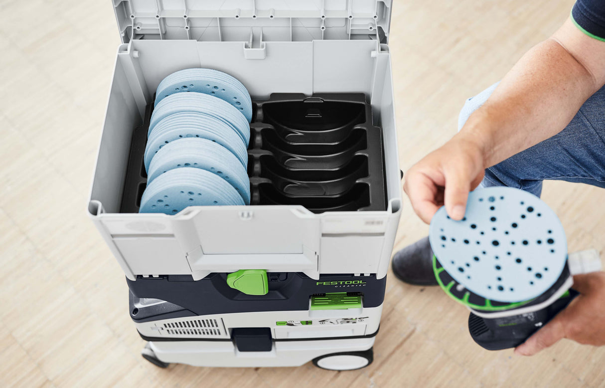 Festool Systainer3 SYS 3 10 Slot for 150mm Abrasives application showcasing efficient abrasive storage solution in Australian woodworking tools store