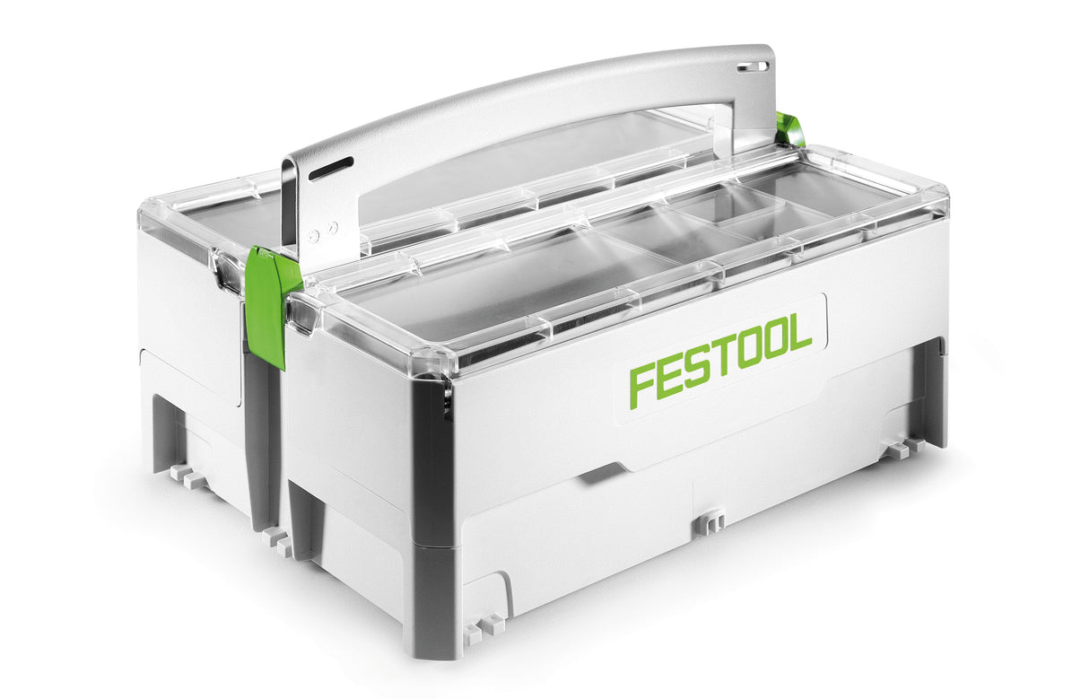 Festool Systainer SYS-SB Storage Box with transparent cover and swivelling top compartments. Efficient storage for woodworking tools
