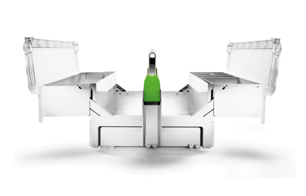 Transparent cover of Festool Systainer SYS-SB Storage Box with swivelling top compartments for efficient organisation