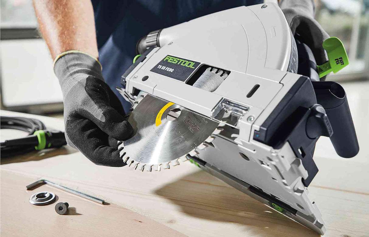 Festool TS 55F Plunge Cut Saw on 1400mm Rail in Systainer - Application angle showcasing precision cuts and increased working speed