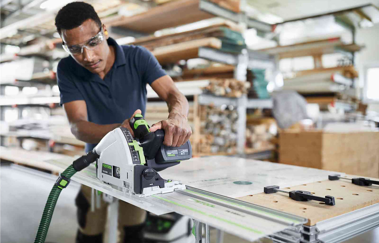 Festool TSC 55K cordless plunge saw with 1400mm rails and 100 Year Limited Edition Systainer in use on a woodworking project