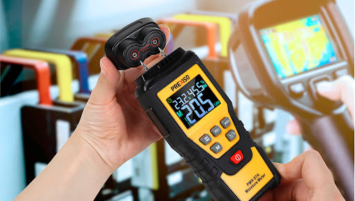 Prexiso Moisture Meter Pinned Resistance with Case in use on timber slab