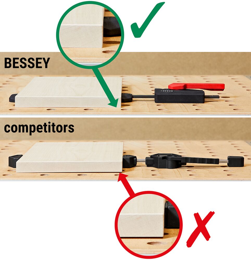 Bessey Horizontal Fixture Clamps in action on workbench with pull-down mechanism visible