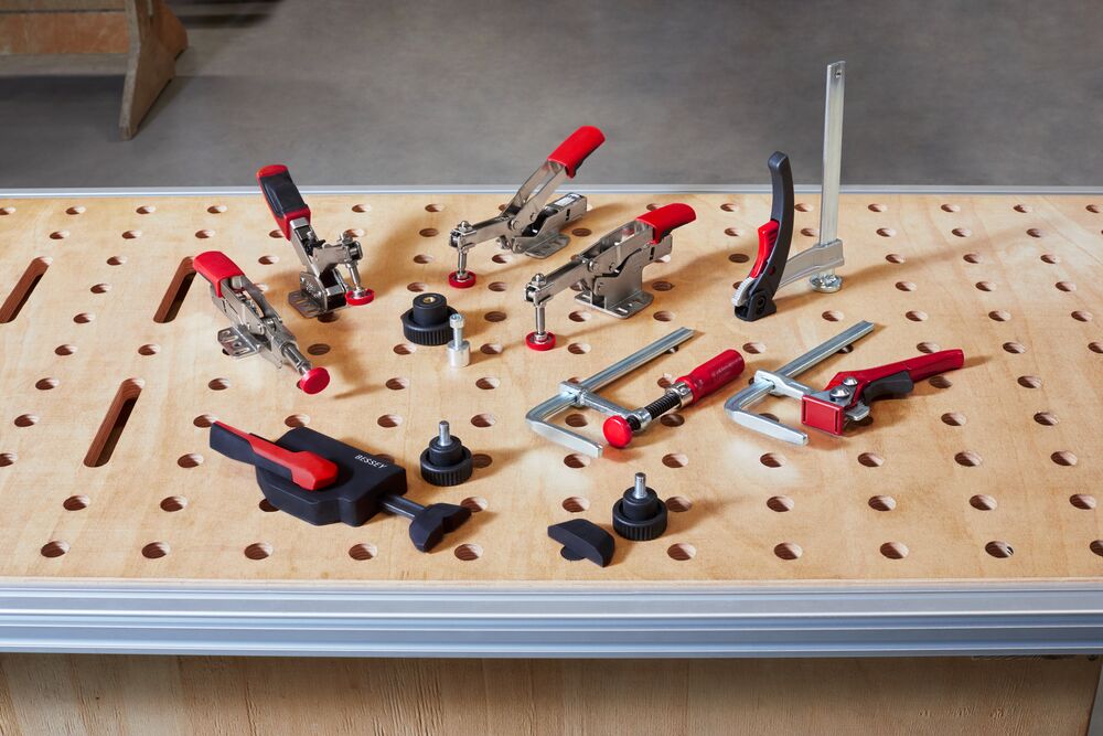 Bessey Horizontal Fixture Clamps in action on a workbench