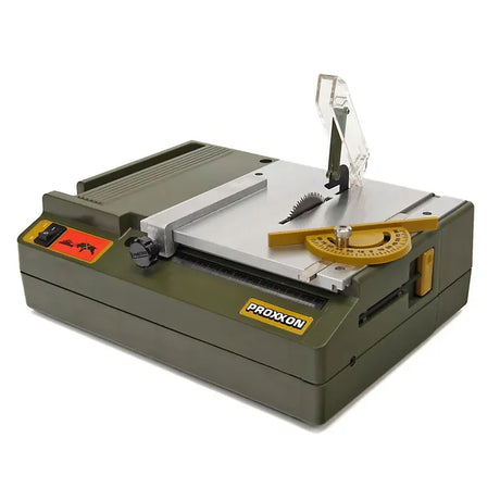 PROXXON KS-230 Benchtop Mini Table Saw in action, showcasing its precision cutting capabilities