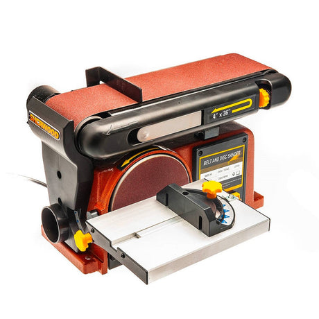 Sherwood 4 x 6in Benchtop Belt and Disc Sander 375W in action, showcasing its heavy-duty construction and efficient power