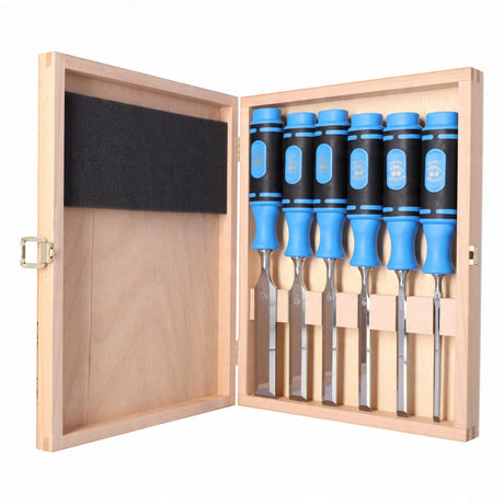 Set of chisels with blue and black handles in a wooden case on a white background