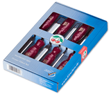 Set of red handled chisels in a blue packaging box with a visible brand logo.
