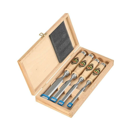 Set of chisels in a wooden case on a white background