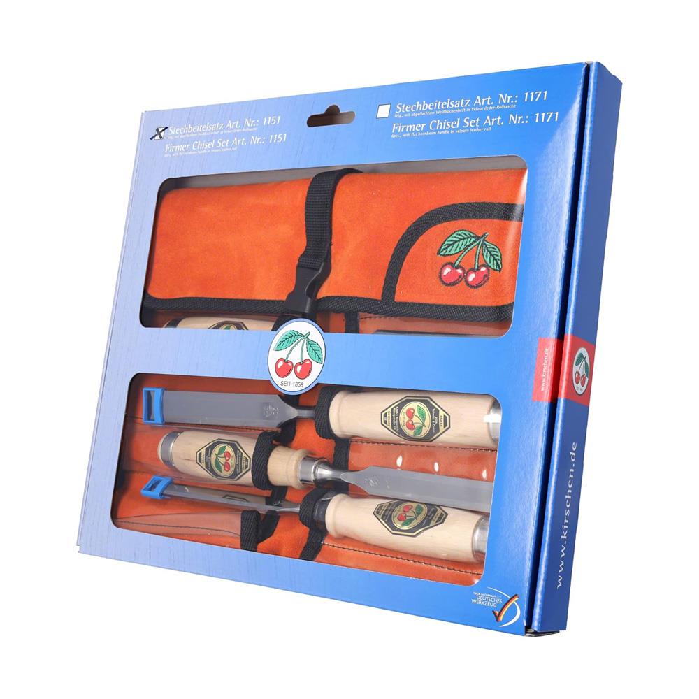 Packaged set of chisels and an orange tool roll featuring a cherry design on a white background