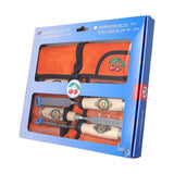 Packaged set of chisels and an orange tool roll featuring a cherry design on a white background