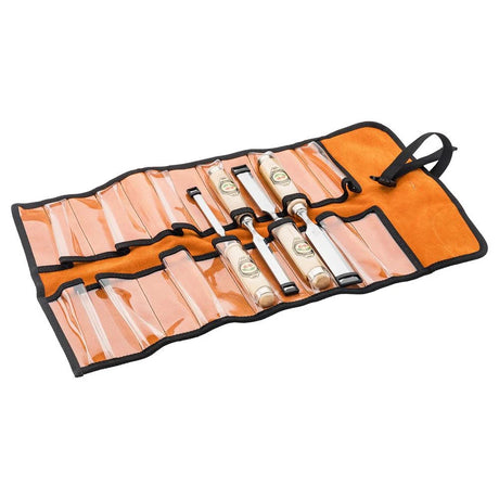 Set of chisels in an orange roll-up case on a white background
