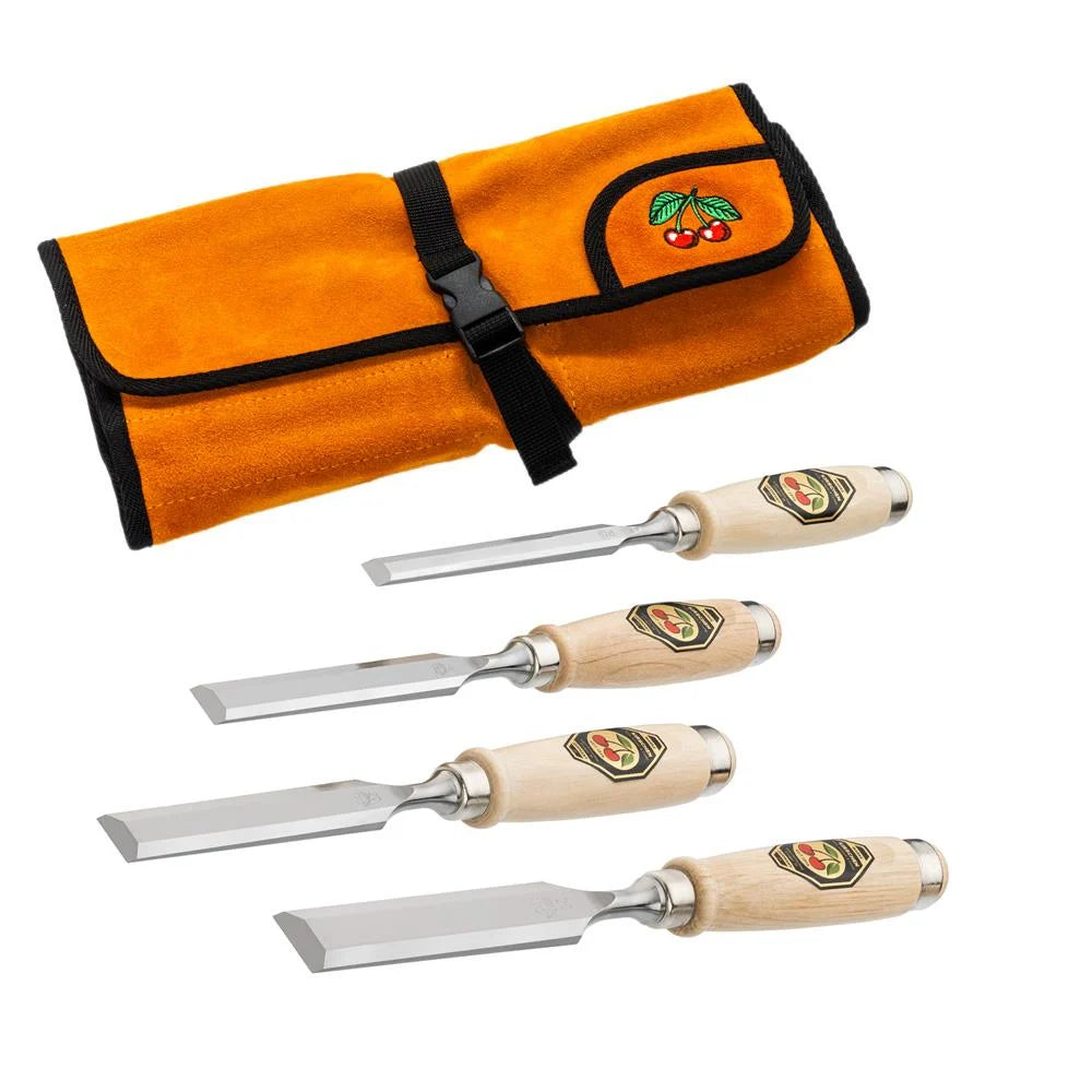 Set of four wooden-handled chisels with an orange roll-up case on a white background
