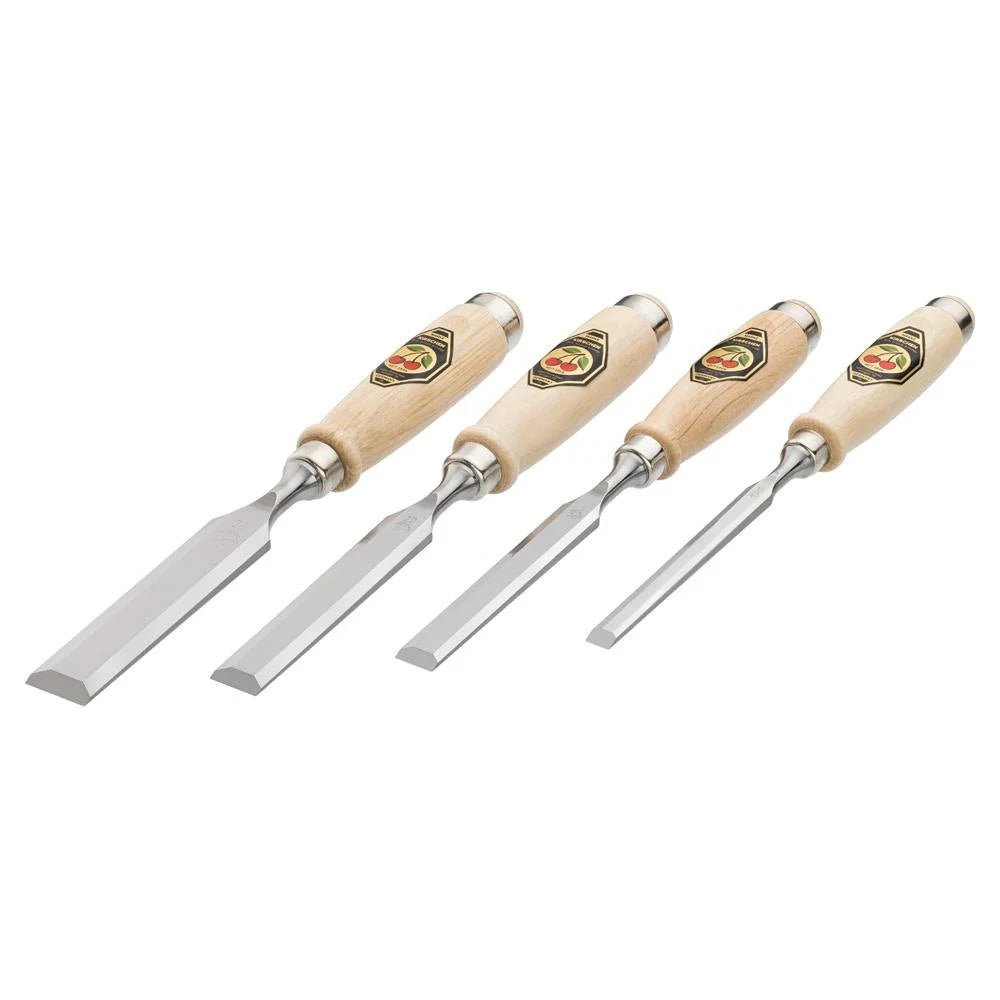 Set of four chisels with wooden handles on a white background