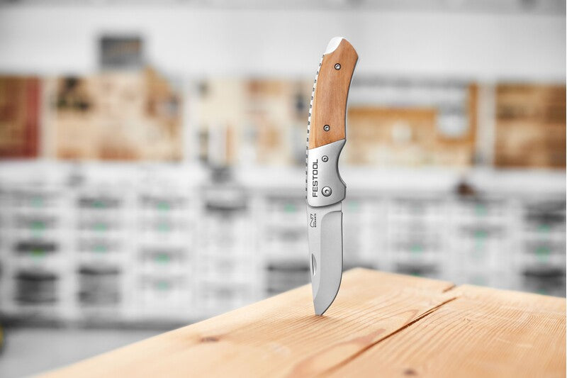 Festool Woodworking Knife 85mm Blade Stainless Steel olive wood handle close-up