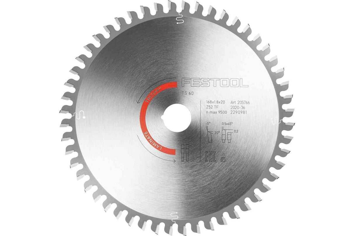 Festool Laminate Saw Blade 168mm x 1.8mm x 20mm 52 Tooth on white background