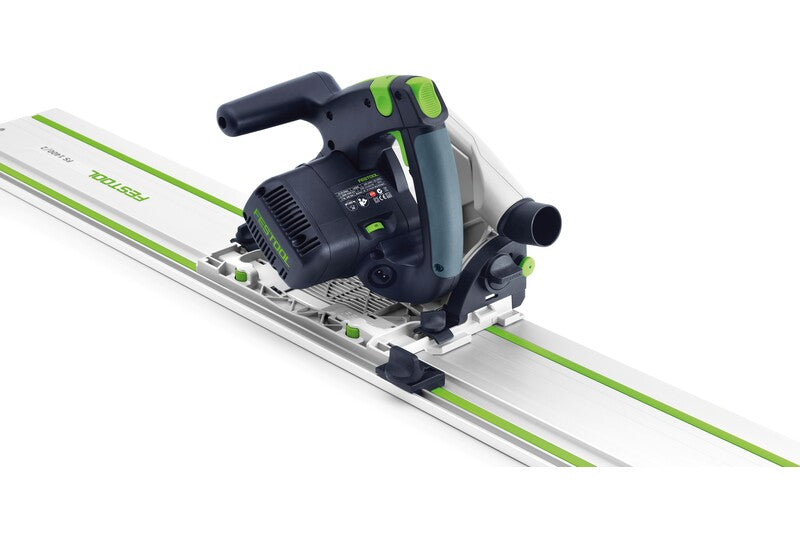 Festool Guide Rail Kickback Stop attached for safe and precise cutting and routing on Festool FS Guide Rail with routers