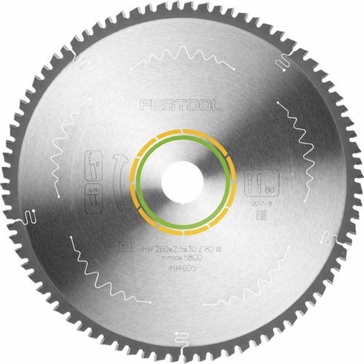 Festool 260mm Fine Tooth Saw Blade, 80 Tooth - Ideal for veneered panels, solid wood, MDF. High-quality metal construction