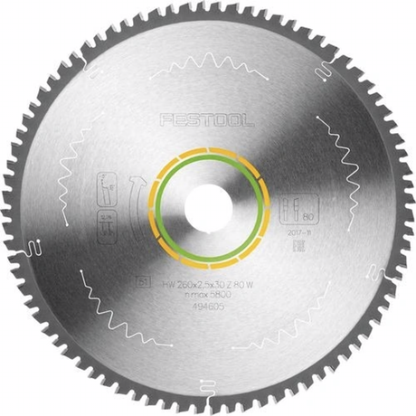 Festool 260mm Fine Tooth Saw Blade, 80 Tooth - Ideal for veneered panels, solid wood, MDF. High-quality metal construction