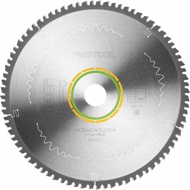 Festool 260mm Fine Tooth Saw Blade, 80 Tooth - Ideal for veneered panels, solid wood, MDF. High-quality metal construction