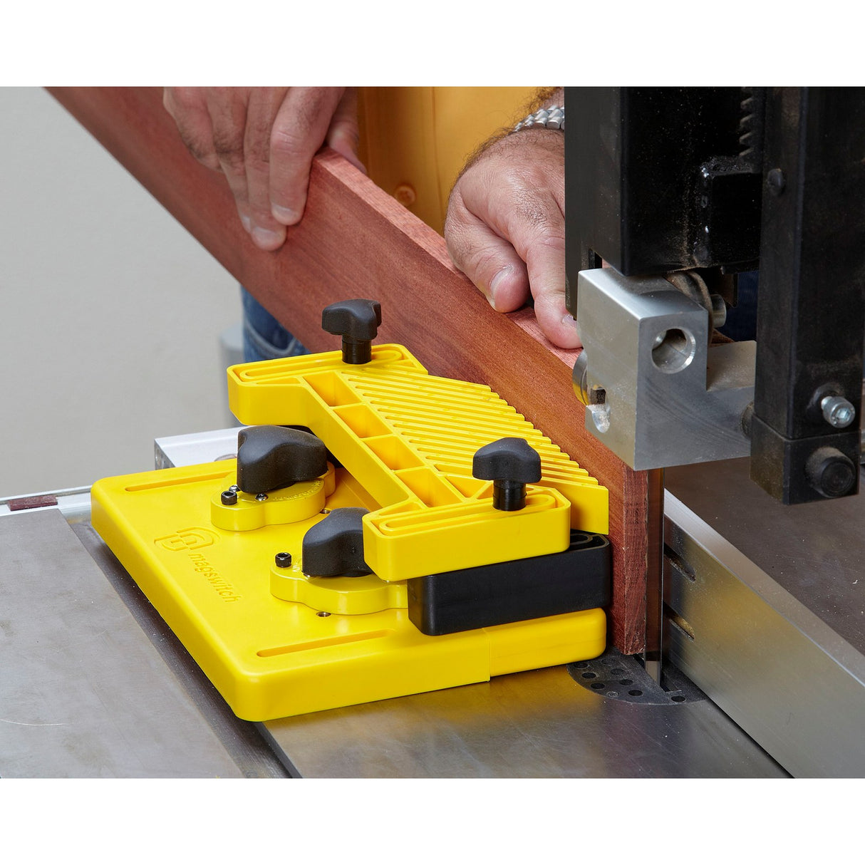 Magswitch Dual Roller Fence Guide attachment for Magswitch Workholding System in use - Australian woodworking tools store