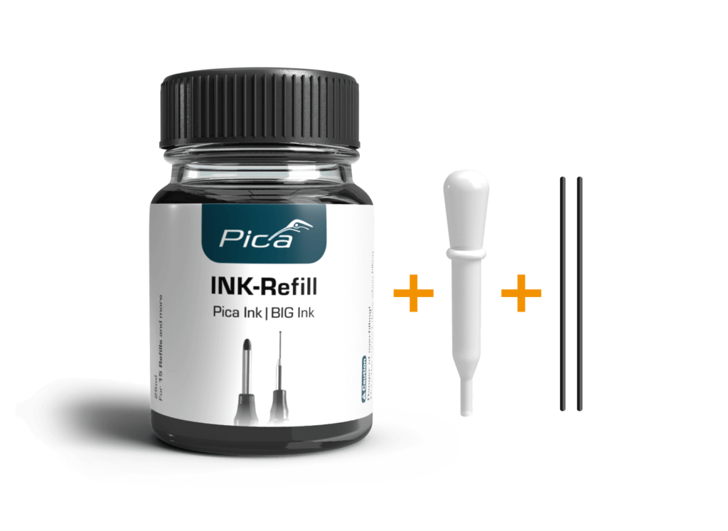 Pica Marker Black Ink Refill Set 25mL contents including ink bottle, pipette, and wicks for Pica Ink & BIG Ink markers