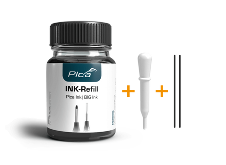 Pica Marker Black Ink Refill Set 25mL contents including ink bottle, pipette, and wicks for Pica Ink & BIG Ink markers