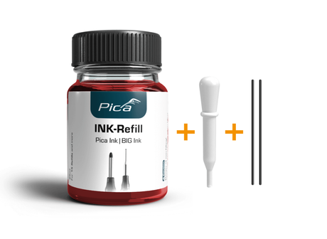 Pica Marker Red Ink Refill Set contents with ink bottle, pipette, replacement wicks for Pica Ink & BIG Ink markers