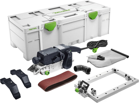 Festool BS 75mm Belt Sander in Systainer with Sanding Frame Set - Precision sanding tool in action with workpiece