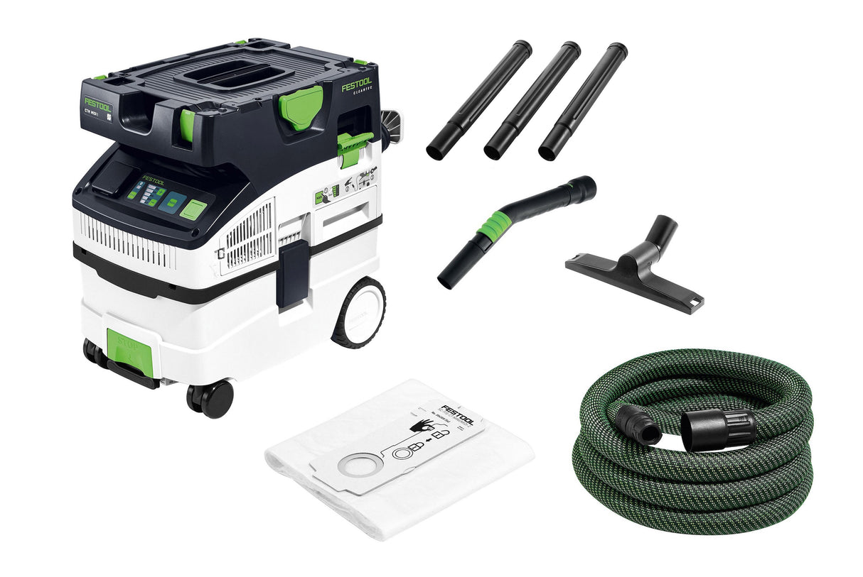 Festool CTM MIDI-I 15L M Class compact dust extractor with touch operation and smooth suction hose