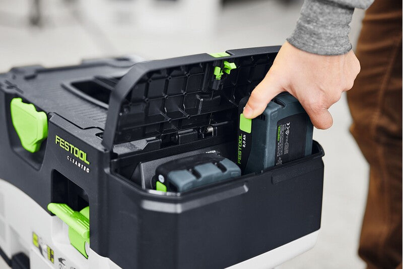 Festool 18V Li-Ion 8 Ah Airstream Bluetooth High Power Battery Pack in use with woodworking tools