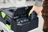 Festool 18V Li-Ion 8 Ah Airstream Bluetooth High Power Battery Pack in use with woodworking tools