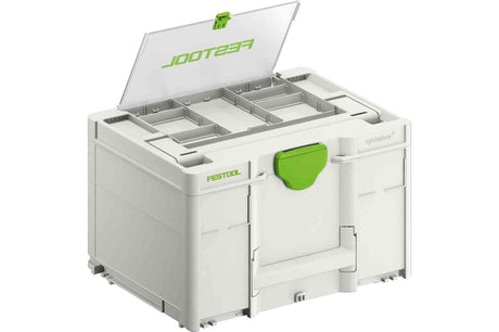 Festool Systainer3 SYS 3 Medium with tools underneath and accessories on top, organized and within easy reach. Transparent lid compartment