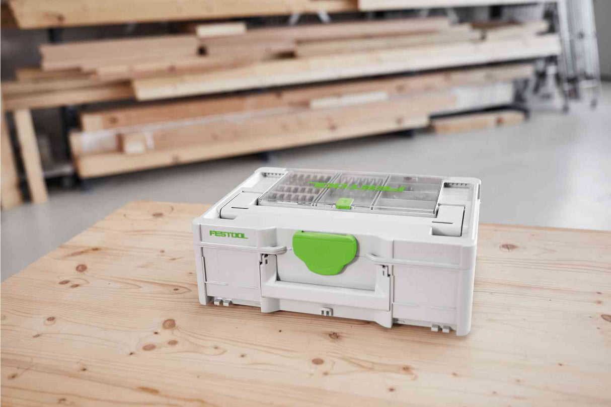 Festool Systainer3 SYS 3 Medium with tools underneath and accessories on top, organized and within easy reach. Transparent lid compartment